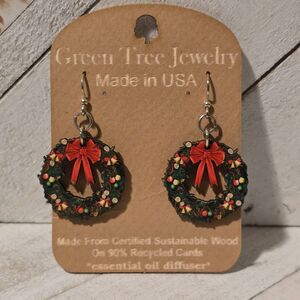 Christmas Wreath Earrings Lightweight Wood